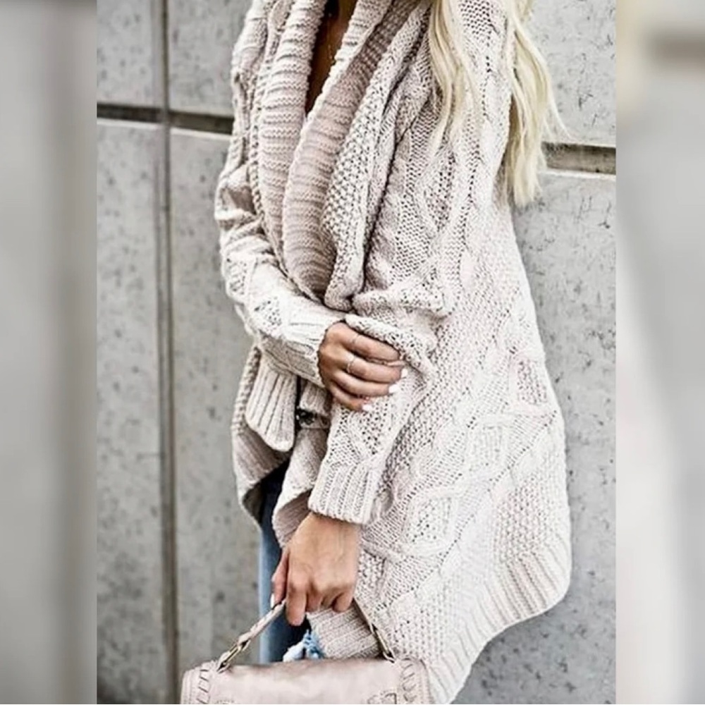 Oatmeal Chunky Cable Wrap Draped Cardigan Sweater NWT - Picture 2 of 11
